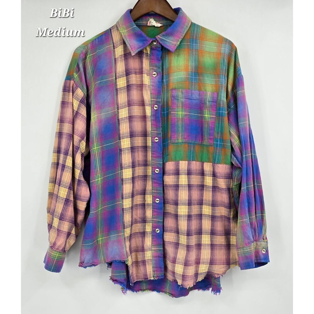 BiBi Patchwork Plaid Button Down Shirt Medium Ove… - image 1